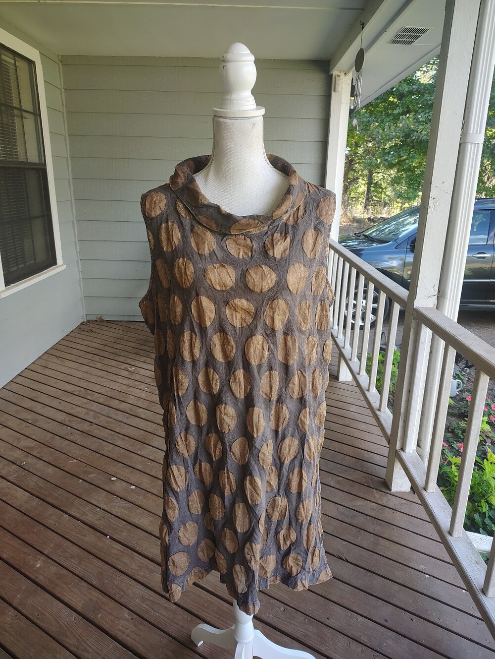 Beau Jours, Women's Sleeveless Cowl Neck Polka Dot Tunic Sweater in Brown